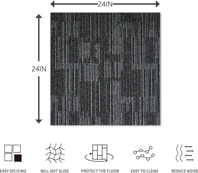 Carpet Tiles 24"x 24" 18PCS Non-Slip Soft Floor Carpet for Office, Bedroom, Living Room, Kitchen, Garage,Easy DIY Installation Seamless Floor Tiles Rug,Grey