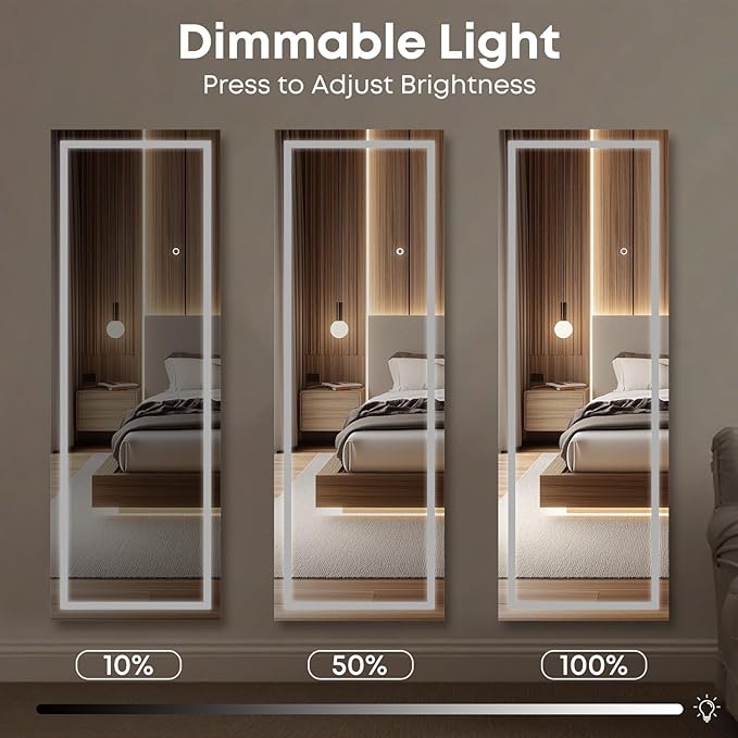 Kosmonia 65x24 Full Length Mirror, Dimmable 3 Color LED Light w/Light Memory, Distortion Free Silver Coating Mirror, HD Reflection &Anti Desilvering,Tempered Glass &Shatter Proof Film Doubles Safety