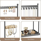Jewelry Tower Necklace Holder Organizer – 3-Tier Jewelry Display Rack with Storage Tray – Holds 22 Pairs of Earrings, Bracelets, Rings, Necklaces – Gift for Girls & Women, Black