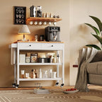Gizoon Kitchen Island Cart on Wheels with 40'' Wood Tabletop, 2 Open Tiers Spacious Storage Shelves and Towel Rack, Rolling Utility Cart with 3 Side Hooks and 2 Drawer for Dining Room, Bar, White