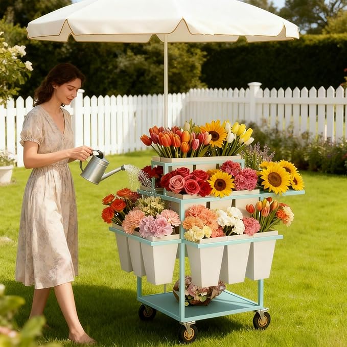 Metal Garden Cart Plant Stand with 18pcs Buckets and parasols, Slide Out Rolling Flower Display Rack, for Florist, Patio Garden, Weddings Party, Business Market (green)