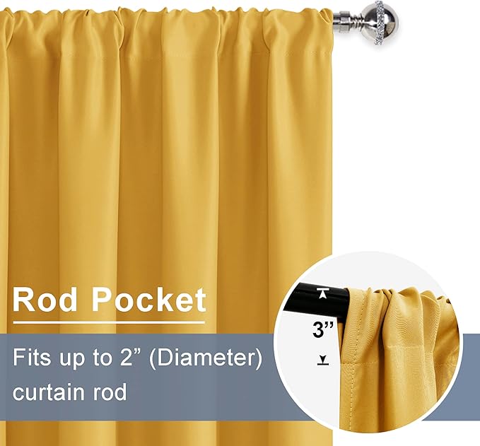 JIUZHEN Blackout Curtains for Bedroom/Living Room - Thermal Insulated Light Blocking Curtains, Rod Pocket Curtains with Tiebacks, Room Darkening Curtains, 42 x 63 Inch, 2 Panel, Mustard Yellow