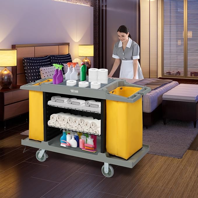 TUFFIOM Industrial Multifunctional Hotel Cart,Commercial Traditional Cleaning Janitorial Room Service Housekeeping Cart, 39" H x 58" W x 21" D