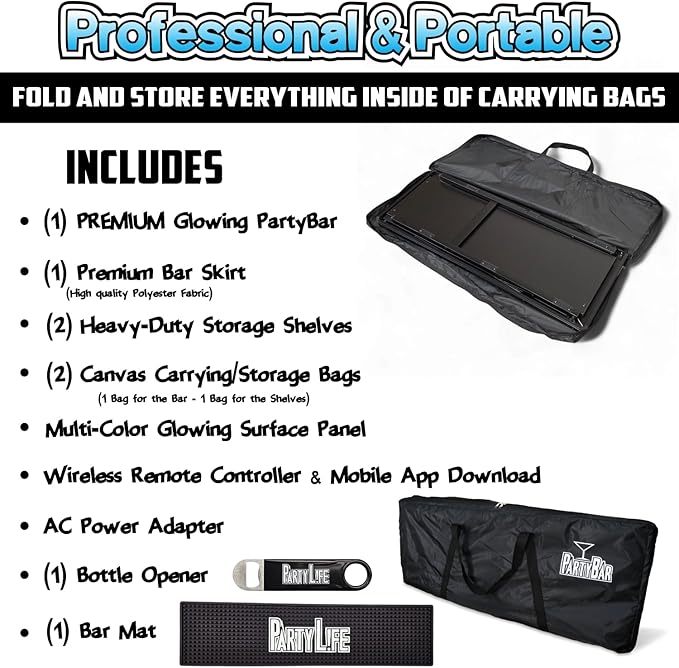 Commercial Grade Glowing Premium Portable Bar Table w/Mobile App, Wireless Remote, Bluetooth Connectivity, Folding Legs, Black Fabric Bar Skirt, 2 Storage Shelves & 2 Carrying Cases - Custom Skirt