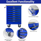 7 Drawers Tool Cart on Wheels with Stainless Steel Worktop, Heavy Duty Mobile Rolling Drawer Tool Chest with Locking Wheels & Lockable Drawers, Garage Tool Storage Cabinet (Blue, 7 Drawers)