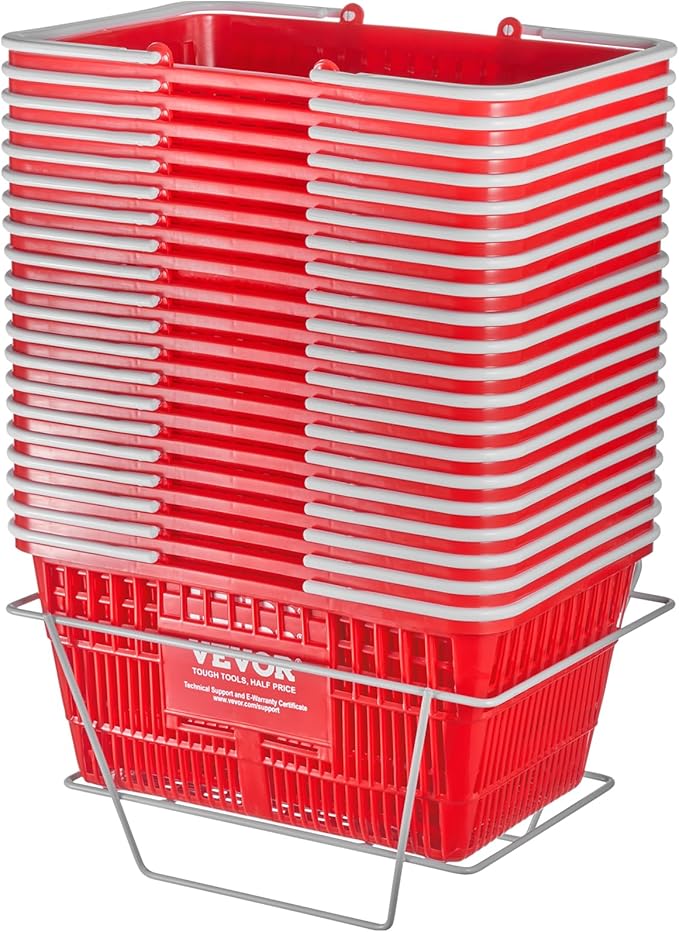 VEVOR Set of 20, 21L Red Plastic Grocery Basket with Handle and Stand, 16.5 x 11.8 x 8.27 inch Portable Shop Basket, Ideal for Retail Store, Supermarket, Grocery Shopping
