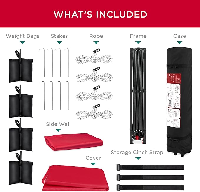 Best Choice Products 10x10ft Easy Pop Up Canopy w/Side Wall, 10 Pockets, Portable Carrying Case, 1-Button Setup, 4 Weight Bags - Red