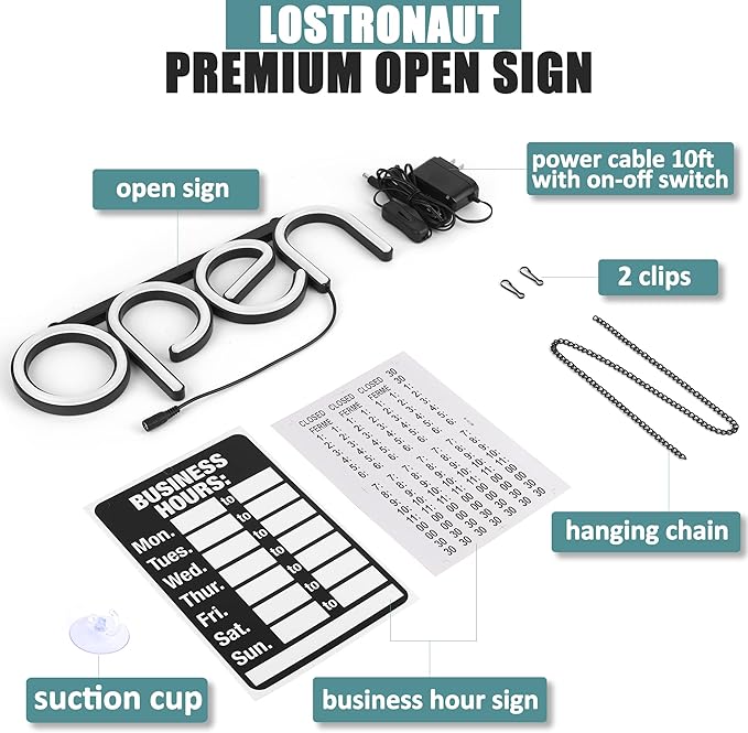 LED Neon Open Sign Light. Perfect to Advertise Storefront, Business, Office, Shop and Restaurant. Ultra Bright White Designer Color. Custom Built, Elegant Window Display