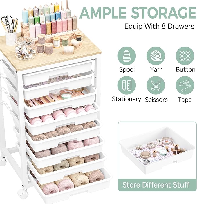 Rolling Cart with Drawers,8 Drawer Rolling Cart,Rolling Drawer Cart,Rolling Storage Drawer Cart,White Rolling Cart,Utility Cart with Drawers and Wooden Tabletop