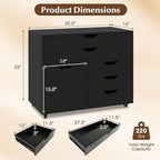 File Cabinet, Black Filing Cabinet w/Universal Wheels, Wood Printer Stand w/Storage, Rolling File Cabinets for Home Office, Living Dining Room (Black, 2 Large Drawers & 3 Small Drawers)