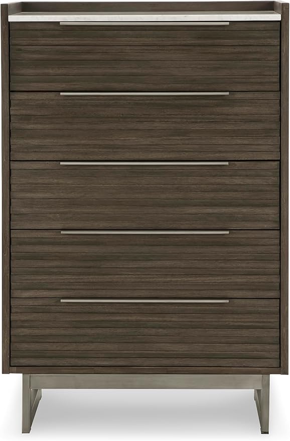 Signature Design by Ashley Arkenton Modern 5-Drawer Chest of Drawers with Safety Stop, Soft Close and Felt Lined, Gray & White