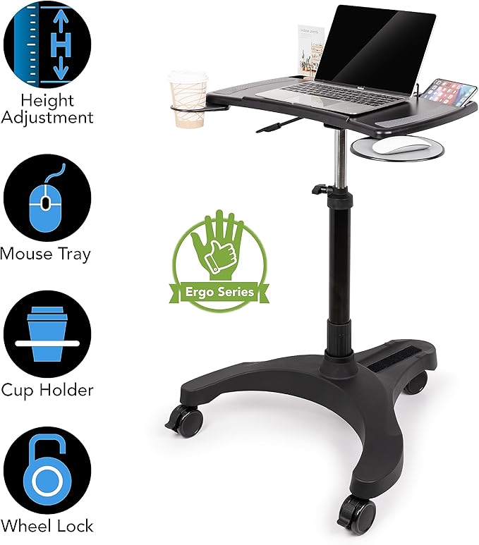 EHO Mobile Laptop Standing Desk Carts on Wheels with Stationery Storage, Pneumatic, Height Adjustable Rolling Stand, Sit to Stand Computer Cart, Workstation for Home, Office, Medical and School