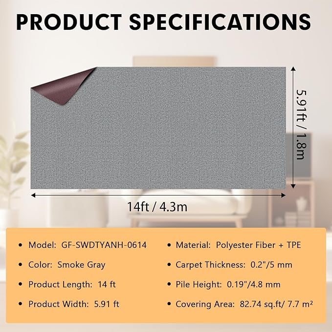 Marine Carpet,6 FT x 14 FT Smoke Gray Indoor Outdoor Carpet 0.2" Thick Boat Carpet with Water-Proof TPE Backing, Non-Slide Outdoor Marine Carpet Roll for Home, Patio, Porch, Deck