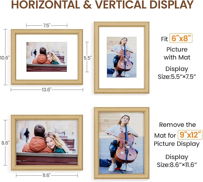 Natural Oak 9x12 Picture Frames Mat to 6x8 Picture Display,Original Wood Handcrafted Photo Frame,Wooden Frame 9x12 with Tempered Glass Graduation Family Wedding Pictures Tabletop & Wall Decor