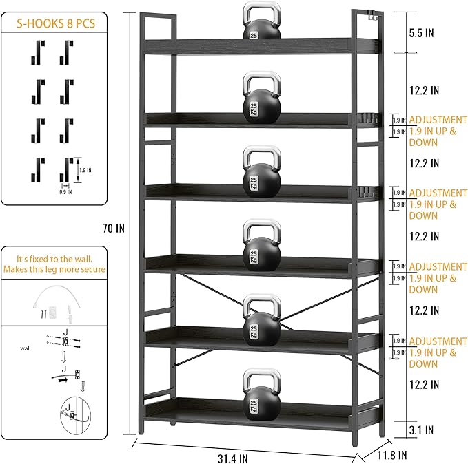 HCHQHS Bookshelf, Adjustable Industrial Bookcase, Vertical Tall Book Shelf, Wood and Black Metal Open Bookshelves for Home Office, Living Room, Bedroom (Black, 6-Tier (31" W x 70" H))