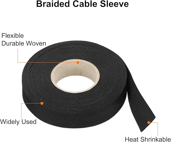 MECCANIXITY Braided Cable Sleeves Heat Shrinkable Fabric Sleeving, 5/8" 40ft Black 2:1 Ratio Heat Shrinkable Cord Protector for Harness Cable, Network Cable Protection, Cable Management