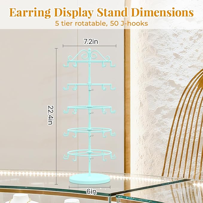 EsLuker.ly Earring Holder Organizer Rotating Display Tree Stand, Adjustable Height Earring Card Hanger Rack with 50 Hooks for Vendors Market Selling, 5 Tier Metal Jewelry Storage Tower,Blue