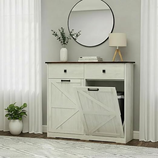 Farmhouse Dual Tilt Out Trash Can Cabinet, Holds 2 x 10 Gallon Bins Hidden Laundry Hamper Cabinet, with Hideaway Drawer Garbage Can Cabinet, Ideal for Kitchen & Laundry Room (Antique White)