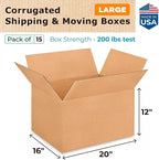 Large Shipping & Moving Boxes 20"L x 16"W x 12"H (15-Pack) - Extra Strength 200 lb vs Regular - Corrugated Shipping Boxes for USPS/UPS/FEDEX - Cardboard Box Moving - Large Box by IDL Packaging