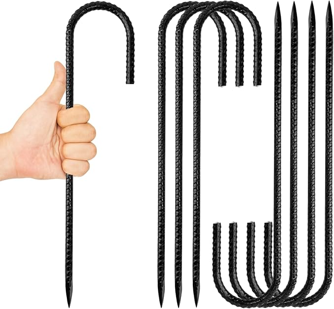 Anothera 8 Pack Trampoline Stakes Anchors High Wind, 12 Inches Tent Stakes Heavy Duty, Galvanized Steel Ground Stakes Kit, J Shaped Rebar Stakes for Trampoline, Tents, Fence