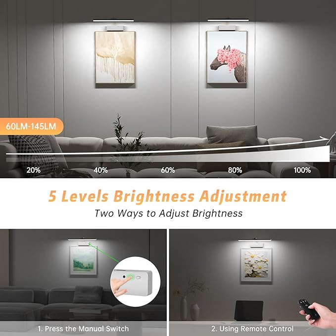 Lightbiz Picture Light 2 Pcs, 15.35inch 5400mAh Rechargeable Picture Lights for Wall Battery Operated Wall Lights with Remote, 3 Colors Paintings Light Dimmable Art Light for Artwork, Gallery (Silver)