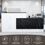 R-Shaped Modern Reception Desk with Counter & Storage - 71"/84" Large Office Front Desk, Salon Checkout Counter with Lockable Cabinets, Shelves & Drawers (Black & White, Right - 71''L x 34''W x 41''H)