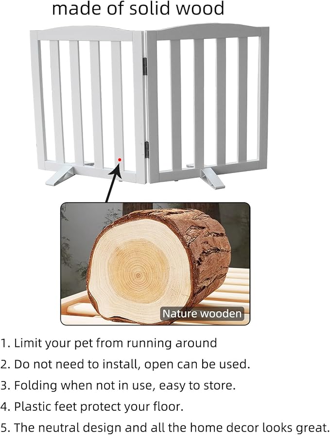 Freestanding Dog Gate Indoor, Doggie Gate Foldable Dog Gates for Doorways,Stairs or Hallways, Wooden White Pet Gate for The House, Pet Fence with Support Feet Included,24 "Height-2 Panels