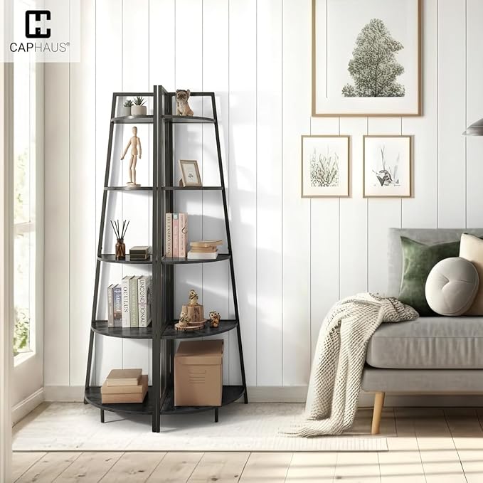 CAPHAUS Tall Corner Shelf Stand, 5-Tier Display Shelves, Ladder Corner Wood Storage Plant Bookshelf with Metal Frame, Versatile Shelving Unit Bookcase for Home Office Space, Black