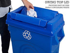 United Solutions 23 Gallon Highboy Plastic Recycling Bin Kitchen Trash Can with Lid, Pass Through Handles, and Dustpan Edge, Blue