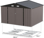 Patiolife Outdoor Storage Shed 10x8 FT with Floor Frame, Garden Tool Metal Shed with Sloping Roof and Double Lockable Door for Backyard Garden & Patio, Brown
