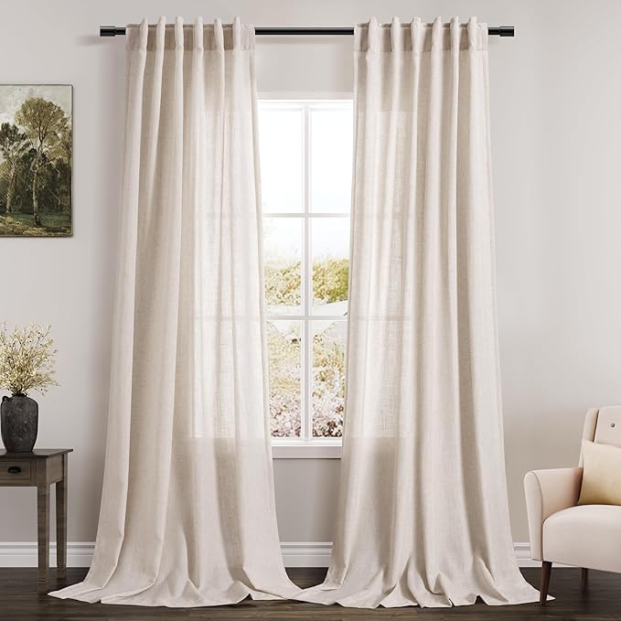 Linen Beige Curtains 108 Inches Long 2 Panels Set Back Tab Rod Pocket Semi Sheer Linen Cotton Textured Light Filtering Extra Long Curtain Farmhouse High Ceiling Curtains for Living Room 9Ft 42x108