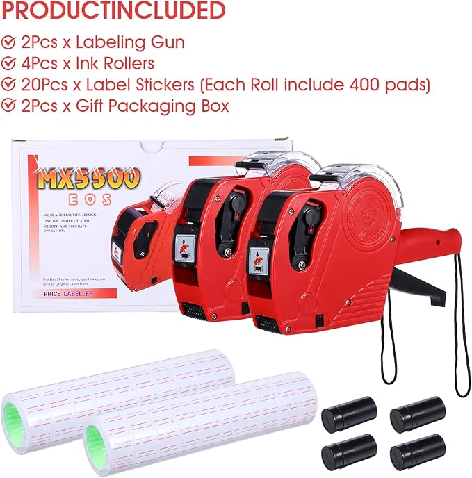 2 Pack Pricing Gun - 8 Digits Price Tag Gun with 8000 Labels & 4 Ink Rollers Kit Red Pricing Label Maker for Retailer,Supermarket