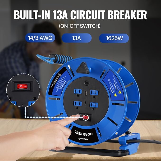 80 FT Retractable Extension Cord Reel, 14AWG Heavy Duty Power Cord with 4 Grounded Outlets, USB-A & USB-C Ports, 13A 1625W, Portable Hand Crank for Indoor Outdoor Use, ETL Listed U80ACR06