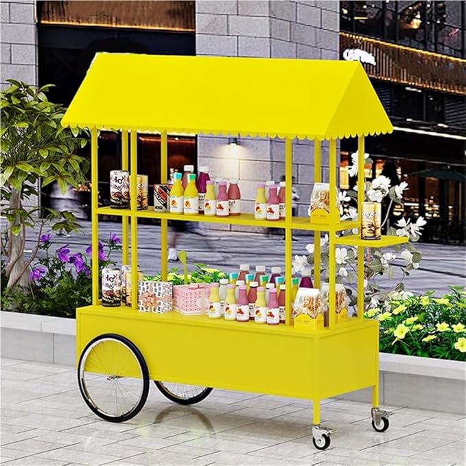 Portable Food Cart with Striped Canopy, Mobile Vendor Display Stand with Lockable Wheels, Iron Outdoor Cart for Market, Street Food or Events(Yellow,55.1in)