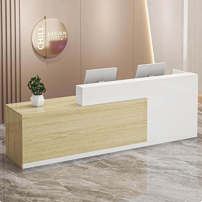 PLMOKN Wood Reception Desk Marble Stone with Checkout Retail Counter L Shaped Modern Mostrador para Negocio Office Desk Closed Front with Storage Drawers for Barber,Salon,Clothing Store