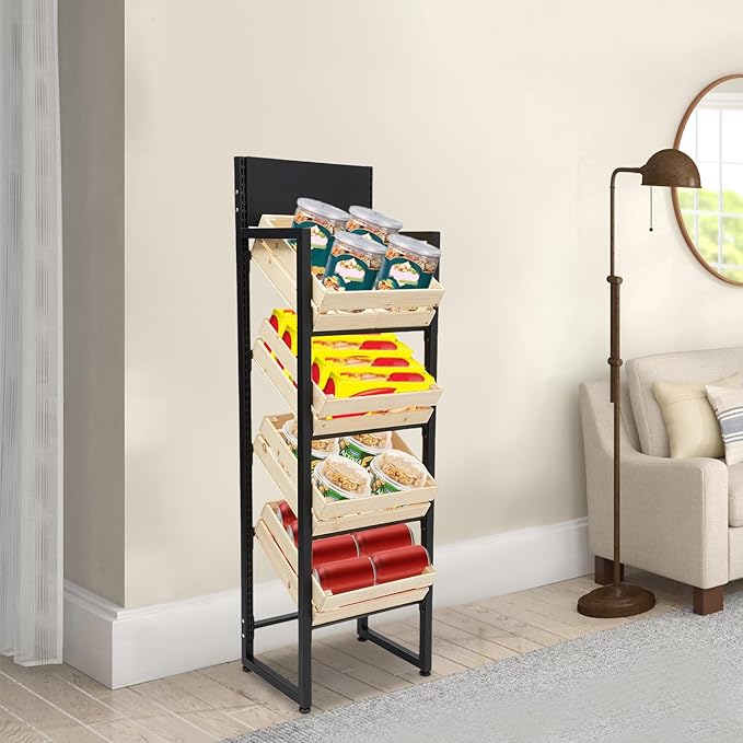 4 Tiers Retail Display Rack, Single Row Wood Market Shelf Commercial Fruit and Vegetable Basket Stand Rack Set Snack Pantry Shelf Unit for Kitchen, Office, Store, Supermarket