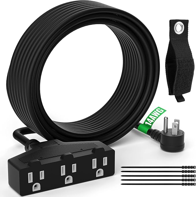 Outdoor Extension Cord 30 Ft with 3 Outlets, 14/3 SJTW 3 Prong Grounded Power Cord, 14 Gauge 14AWG Heavy Duty Power Cable, ETL Listed, 15 Amp 125 V 1875 W-Multiple Outlets for Indoor/Outdoor-Black