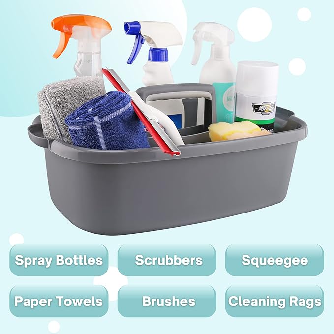 Cleaning Caddy Organizer with Handle, Gray Plastic Bucket for Cleaning Supplies Products, Cleaning Tool Storage Tote, 2 Pack