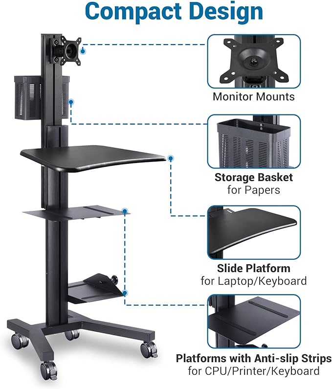 Yescom Mobile Computer Cart Rolling PC Stand Desk Workstation on Wheels with Monitor Mount Adjustable Keyboard Tray CPU Printer Holder for Hospital Clinic School Office Black