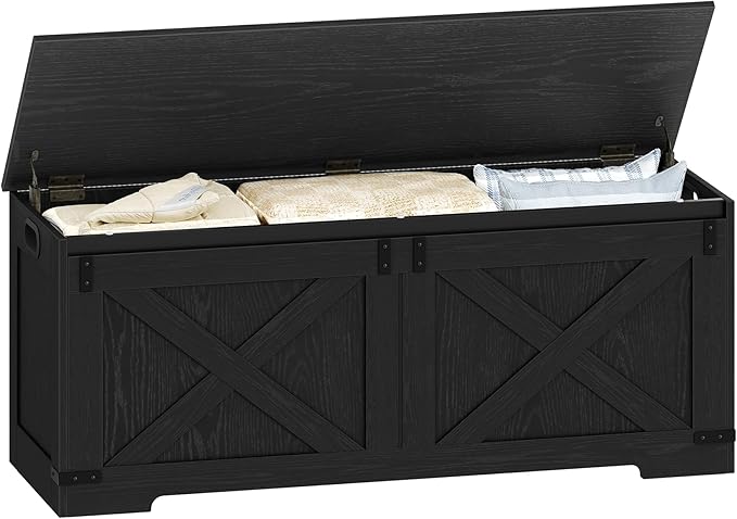 47.2" Storage Chest, Large Storage Trunk with 2 Hinges, Farmhouse Wooden Box Bench, Lift-Top Organizer Chest, Entryway Trunk for Bedroom, Living Room, Black SB12104X