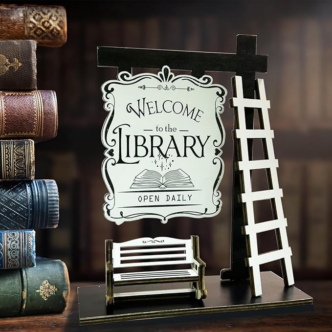 Welcome to the Library Sign Miniature Signpost Self-standing Kit, Mini Booknook Sign with ladder and Bench Scene Display, Bookcase Accessories Decor Gift for Book-themed Club Book Lover