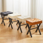 IBUYKE Square Makeup Stool with X-Leg Foot Rest, PU Footrest, Ottoman Seat, Multi-Use as Small Side Table, for Bedroom, Living Room, Light Brown LG-71J