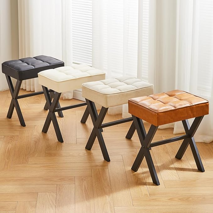 IBUYKE Square Makeup Stool with X-Leg Foot Rest, PU Footrest, Ottoman Seat, Multi-Use as Small Side Table, for Bedroom, Living Room, Light Brown LG-71J