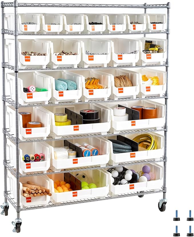 VEVOR 7-Tier Rolling Bin Storage Rack, 26 Organizer Bins, Bin Rack Storage Steel Wire Shelving System with Wheels, Mobile Tool Organizer for Garage, Warehouse, Office, Restaurant, Classroom, Kitchen