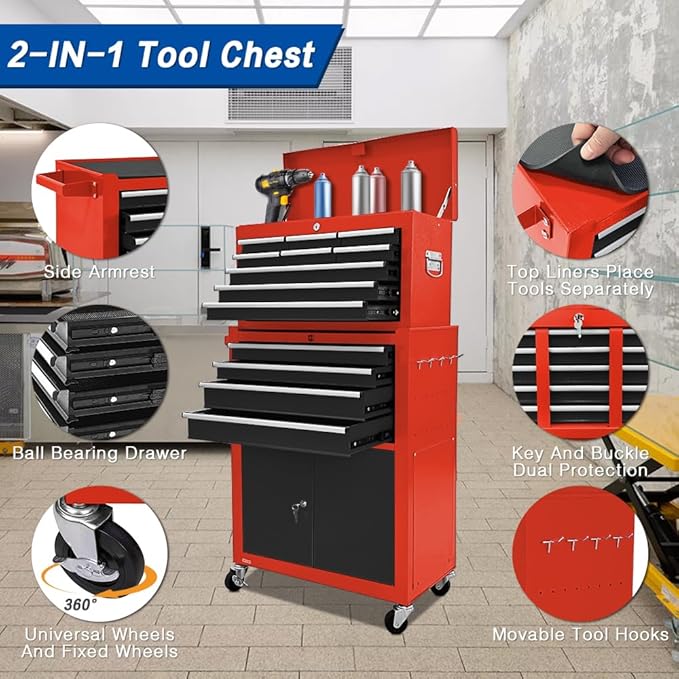 13-Drawer Rolling Tool Chest with Double Door, Extra Large Storage Cabinets with Tool Box, 2-in-1 Detachable Design, 600 lbs Capacity with Lockable Wheels for Garage, Mechanic & Home Use (Red＆Black)