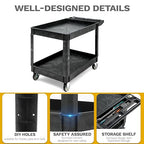 DWVO Utility Service Cart on Wheels, 550 lbs Capacity, 45 x 25 Inch Rolling Work Carts with Wheels, 2 Shelf Heavy Duty Plastic Cart Suitable for Warehouse, Garage, School & Office, Cleaning, Black
