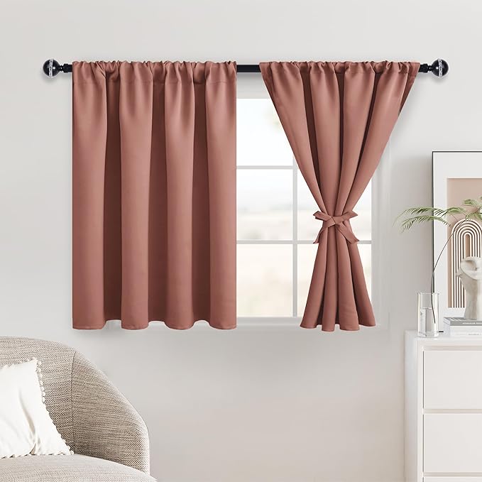 JIUZHEN Short Blackout Curtains for Small Window - Cafe Room Darkening Privacy Thermal Insulated Half Curtains Tiers for Bathroom,Kitchen, W 42 x L 36 Inch, Set of 2 Panels with Tiebacks,Dusty Rose