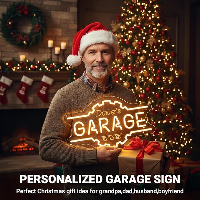 Custom Garage Neon Sign, Personalized 3D Engraved Gear Garage Name LED Sign, Customized Dimmable Neon Lights for Garage, Workshop, Carport & Man Cave Wall Decor, Gifts for Dad Father Husband Grandpa