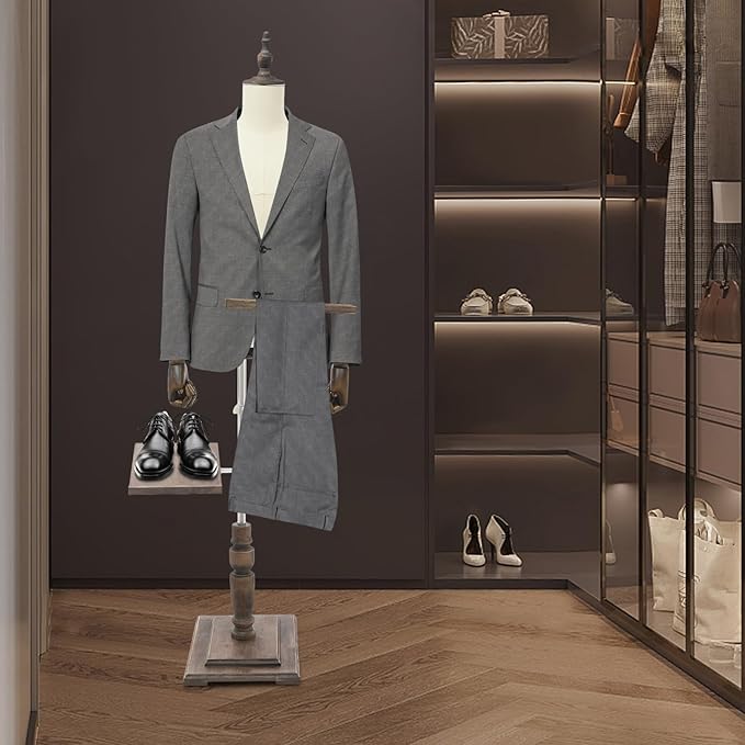 Male Clothing Display Racks, Height Adjustable Clothing Store Clothing Props with Stand and Solid Wood Arm, Male Mannequin Torso for Market Shop Window Display (Beige)