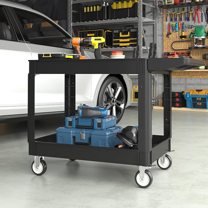Heavy Service Utility Cart on Wheels,Tool Cart on Wheels, Service Cart for Garage, Warehouse, Workshop, Office, Cleaning (Black-45.7 inch)